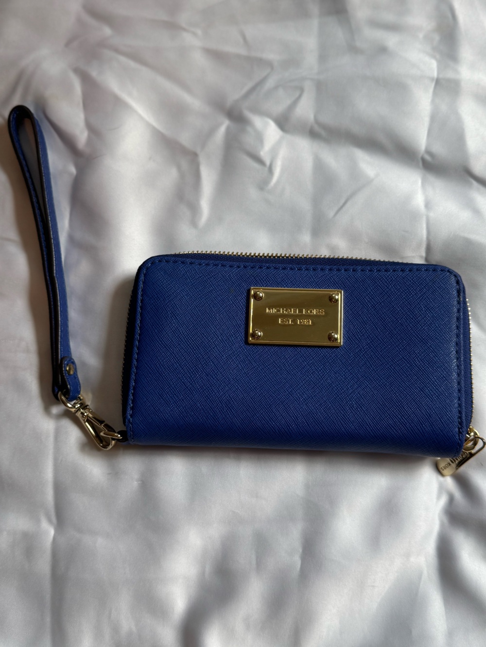 Michael Kors Royal Blue Saffiano Zip Wallet with Gold Plaque
